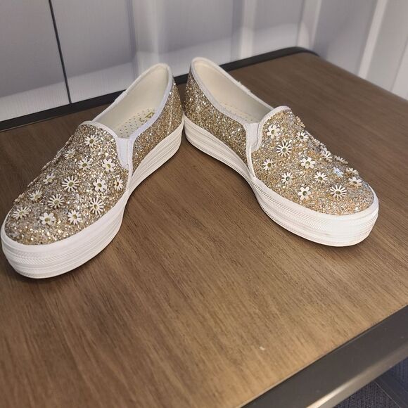 Kate Spade Glitter Double Decker Platform Gold Daisy Sneakers Size 8 NEW - Picture 5 of 9